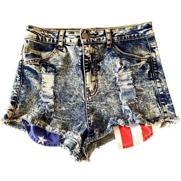 Denim Blvd Jean Acid Wash Shorts Distressed Stars & Stripes Flag Patriotic Sz S - Picture 1 of 7